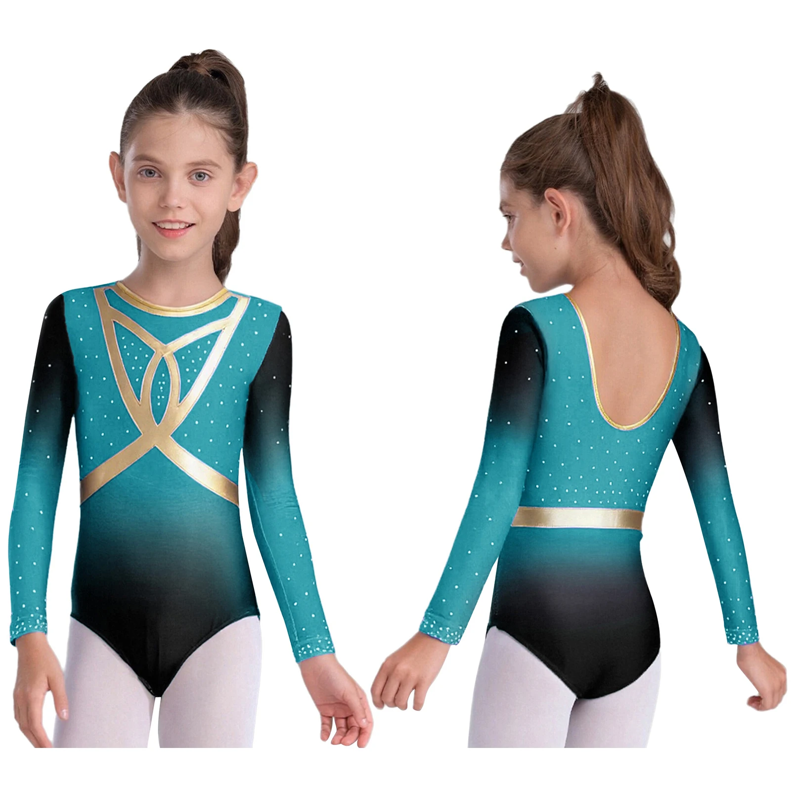 Crianças meninas ginástica ballet collant patinação artística em torno do pescoço manga longa brilhante strass desempenho bodysuit