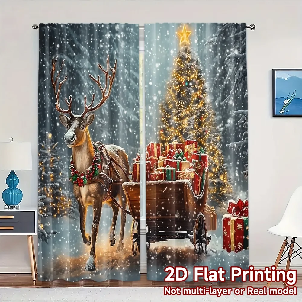 2pcs,Curtains Christmas Tree Sleigh Reindeer Snow (3) Print Popular Curtains 100% Polyester Curtains Festive Perfect for