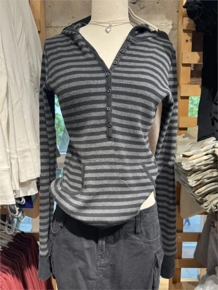 

Gray Striped Waffle Hooded T-shirt Women Five Button CottonSlim Long Sleeve Tee Shirt Casual Preppy Style Vintage Tshirt Y2k