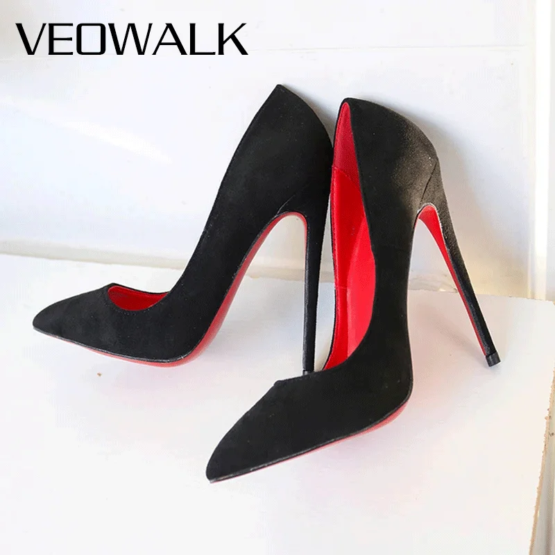 Veowalk personalizza Black Flock Women Sexy Red Pointy Toe scarpe con tacco alto elegante OL Lady Work Stiletto Party Pumps 8cm 10cm 12cm