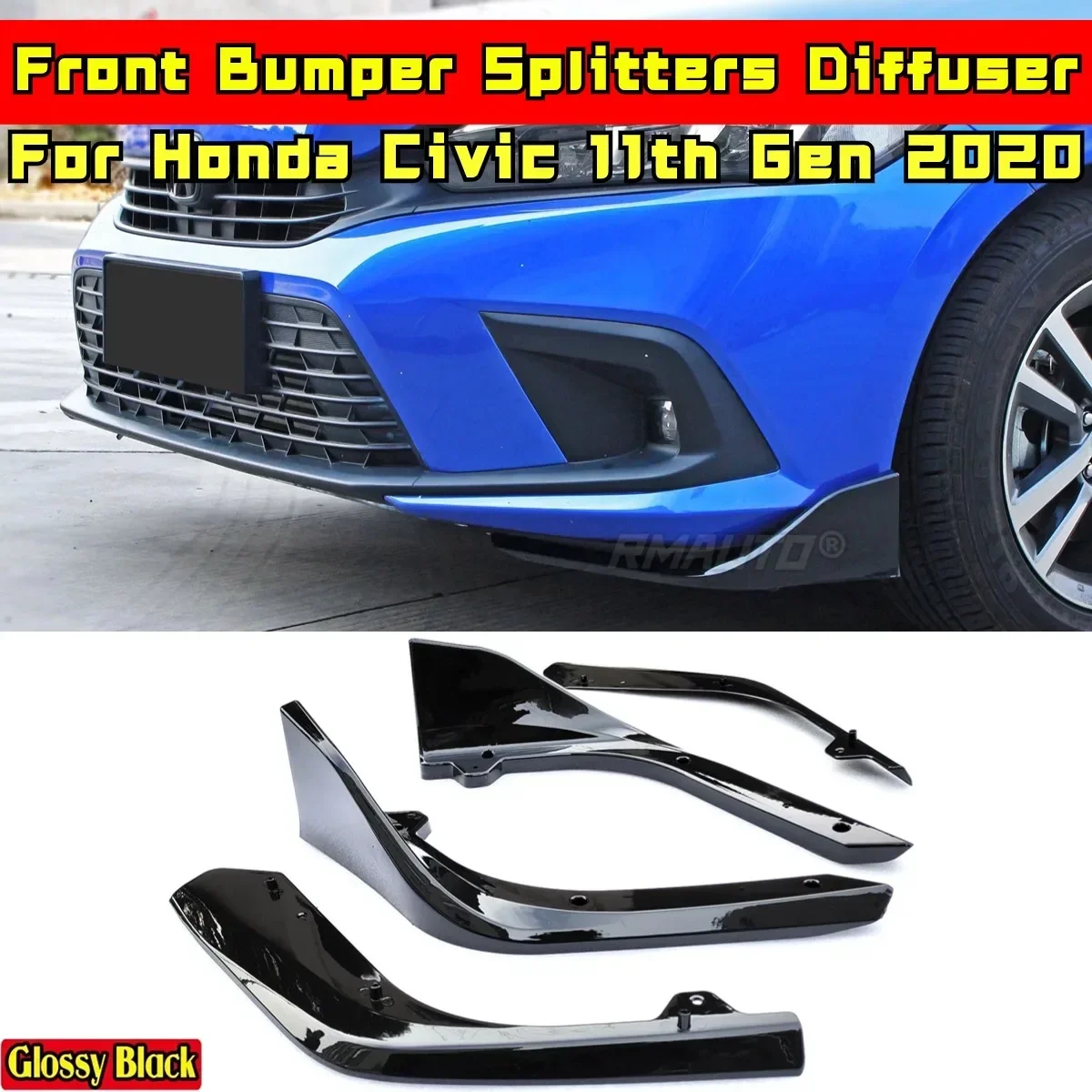 For Honda Civic 11th Gen 2022 Body Kit Front Bumper Lip Splitters Diffuse Carbon Fiber Look Sport Style Car Accessories