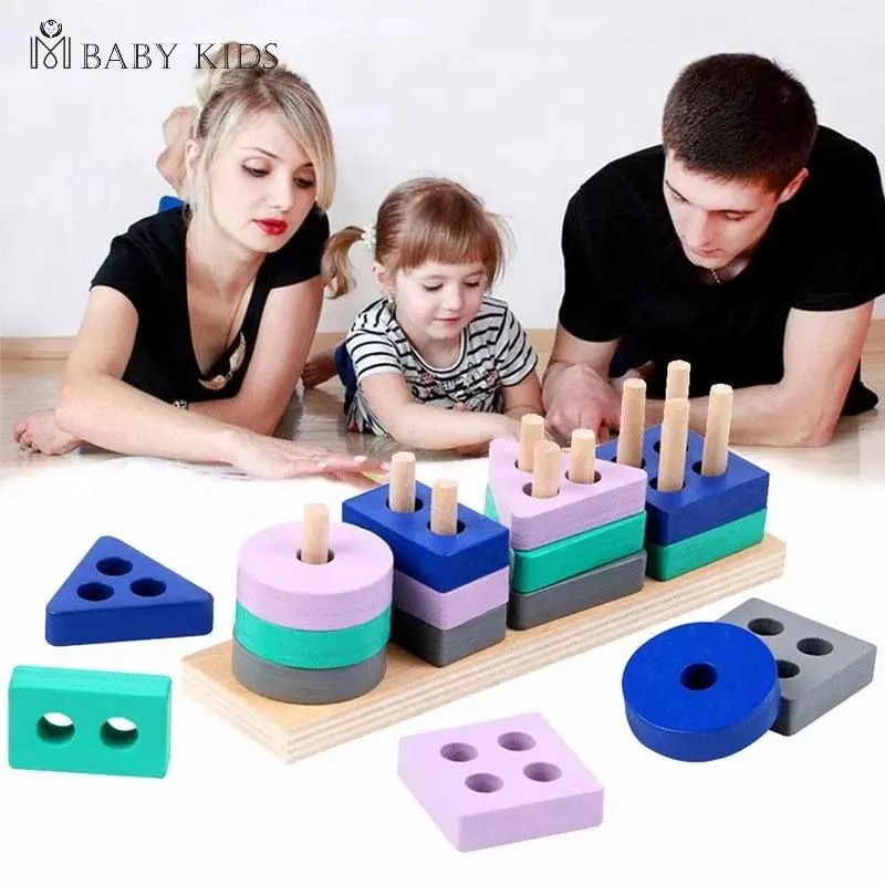 Montessori Toy Wooden Building Blocks Early Learning Educational Toys Color Shape Match Kids Puzzle Toys for Children Boys Girls