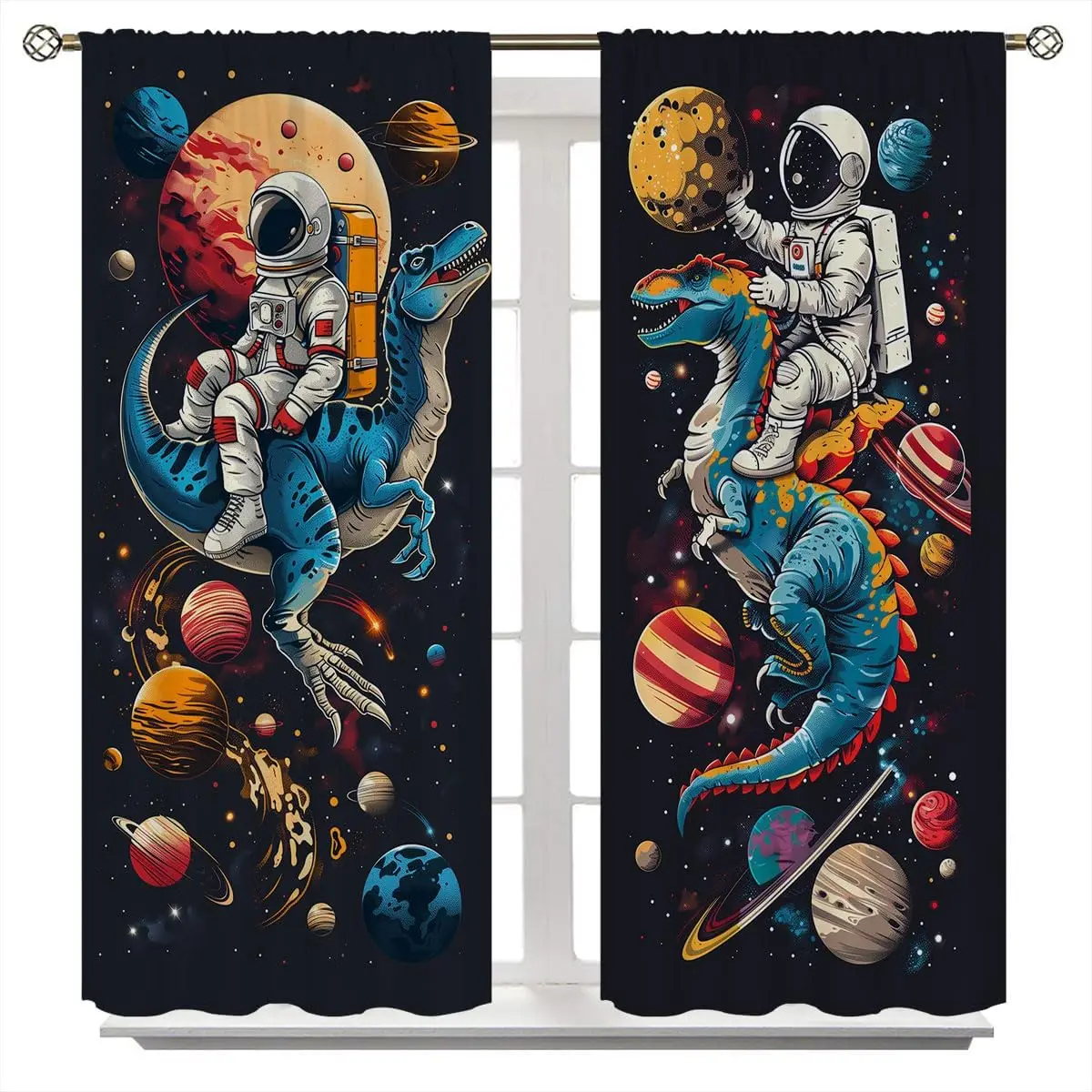 Space Astronaut Window Curtains for Kid Girls Boys Bedroom, Planets Cosmic Adventure Dinosaur Rod Pocket Darkening Thermal