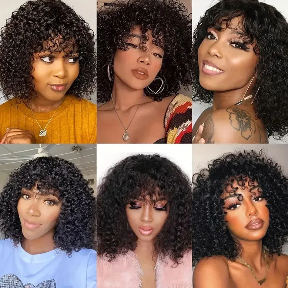 Short Bob Wig Deep Wave Curly Bob Wig With Bangs Human Hair Glueless Brazilian Scalp Top Wig Loose Deep Curly For Black Women