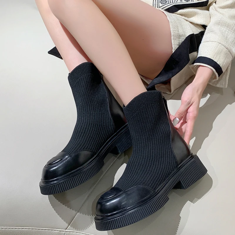 Med Heel Boots Zipper Women Shoes Autumn Round Toe Luxury Designer Boots-Women Stockings Rubber Ladies Ankle Fashion Flat 2023 S