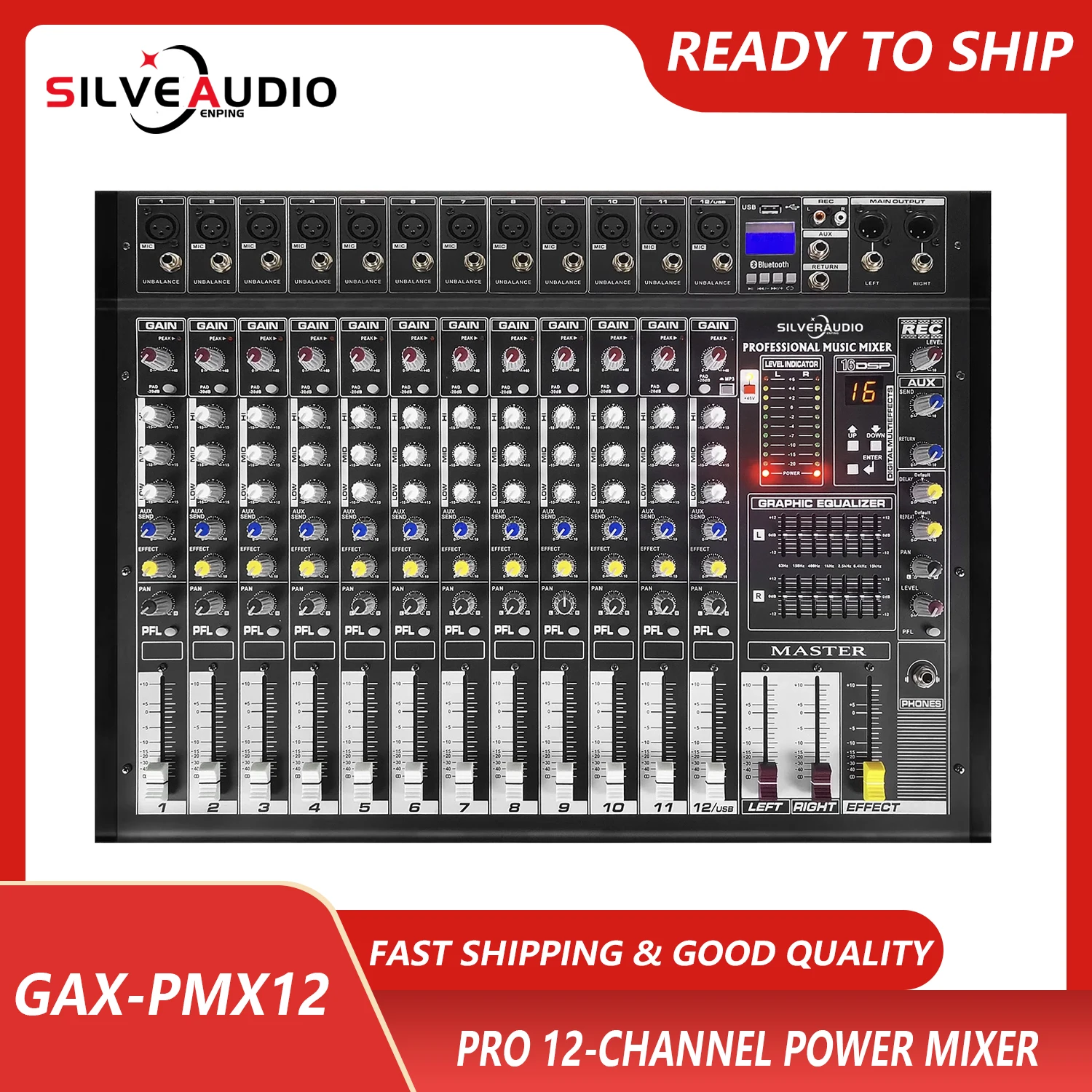 

GAX-PMX12 Professional 12-Channel Mixer 500W +48V Phantom Power 16DSP Effects USB Computer Playback Recording Mixing console