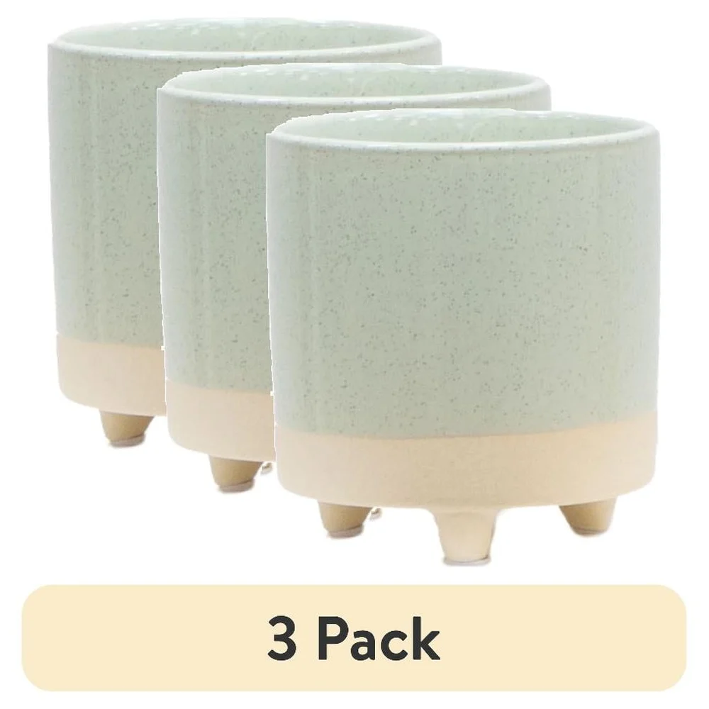 3 Pack 4 Inch Green Ceramic Footed Planter Indoor Decor Small Round Pot Artificial Plants Fun Playful Design Perfect Desktop