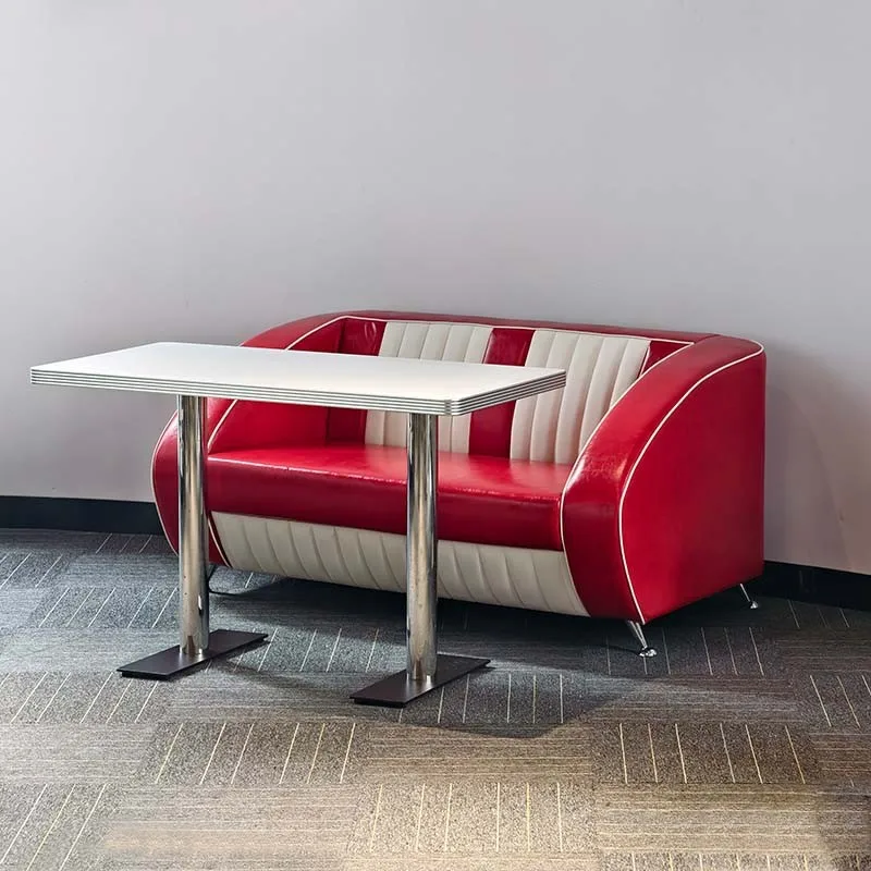 American red and white strip sofa, burger fried chicken restaurant booth sofa with armrests, double booth