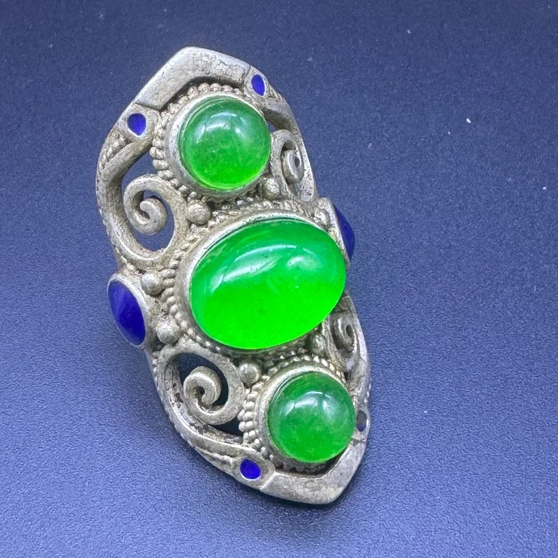 Vintage Tibetan Hollow Scroll Ring, Large Green Oval Gem Blue Enamel Ethnic Statement Ring