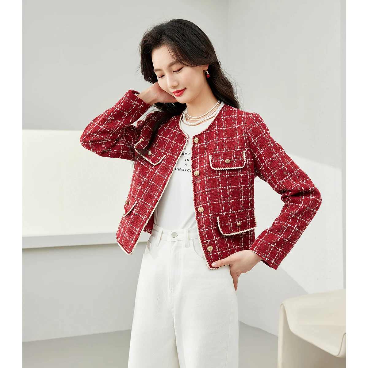 เสื้อแจ็คเก็ตผู้หญิงลายสก็อต VIMLY รุ่นหรูหรา ประจำฤดูใบไม้ร่วงปี 2025 แฟชั่นใหม่ สไตล์เรียบหรู คอทรงโอ ติดกระดุมแถวเดียว ใส่ได้หลากหลาย รุ่น M8855