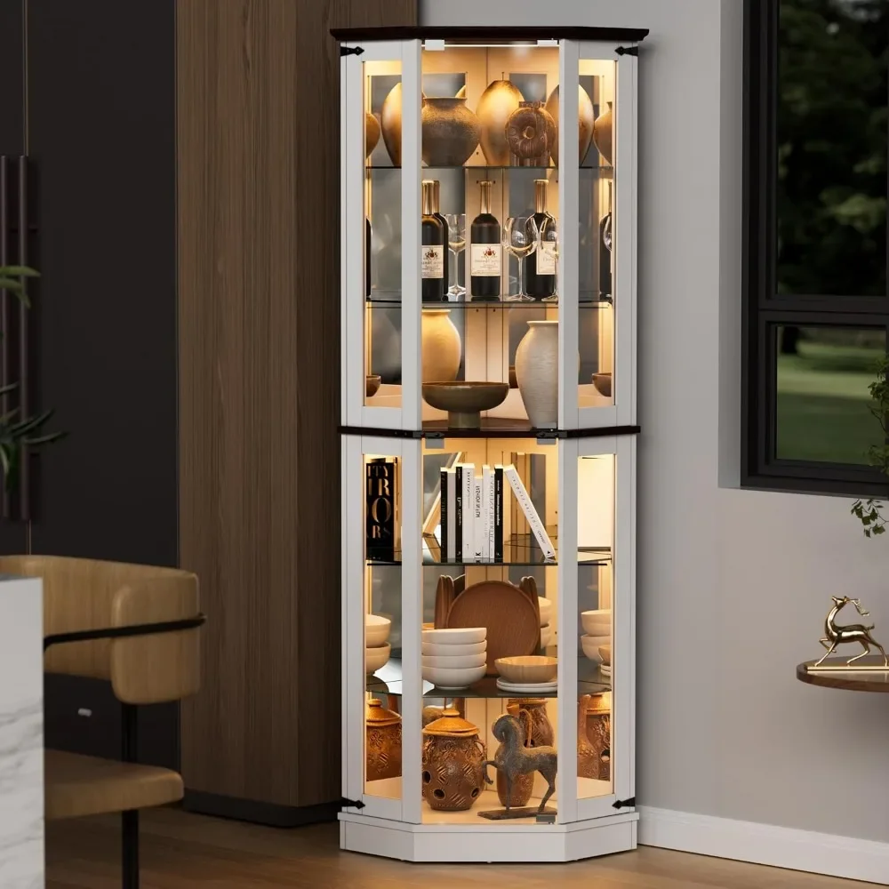 71 vitrine de ferme avec lumières LED, armoire à vin d'angle sur pied, rangement T1, 6 étagères