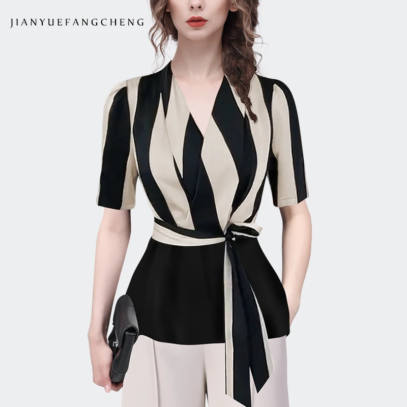 Fashion Women Short Sleeve Vertical stripe Satin Shirt 2023 Summer Tops Elegant Slim V-neck Belt Lace-up Casual Office Blouses