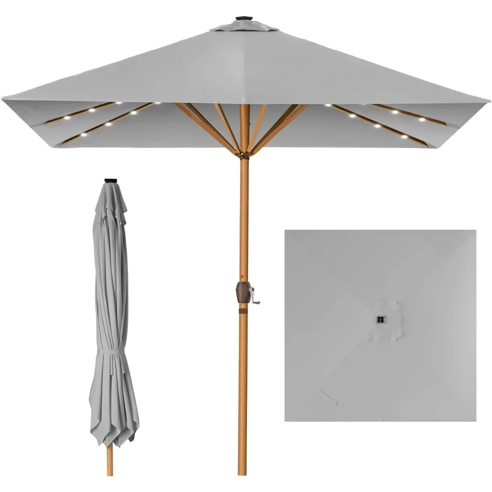 

9ft Deep Square Solar Powered LED Lighted Patio Umbrella w/Faux Wood Texture, UV-Resistant Fabric, Hand Crank
