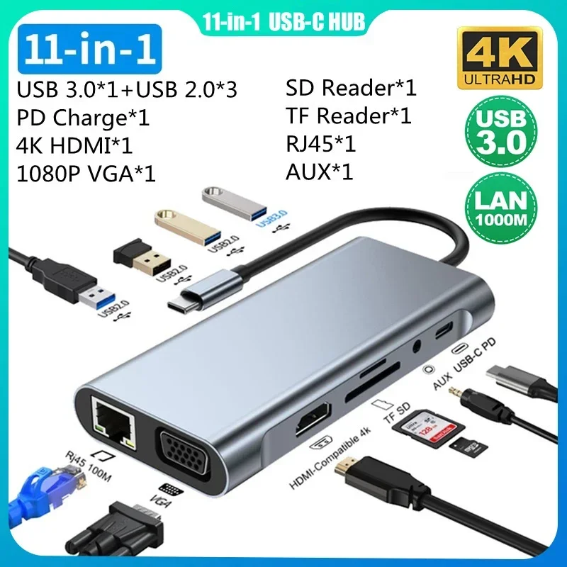 

11-В-1 USB C-концентратор типа C к HDMI VGA RJ45 Ethernet USB 3.0 Док-станция AUX SD TF Card Reader PD Зарядка