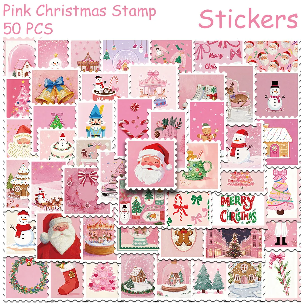 50pcs Pink Christmas Stamp Stickers Decals For Phone Laptop Letter Scrapbook Suitcase DIY Aesthetic Stickers Festival Gifts