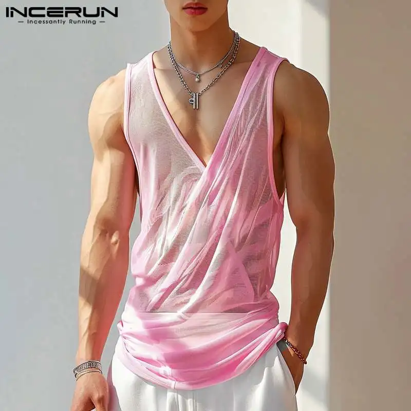 INCERUN Men Tank Tops Mesh Transparent V Neck Sleeveless Sexy Male Vests Summer Streetwear 2024 Solid Color Fashion Men Clothing