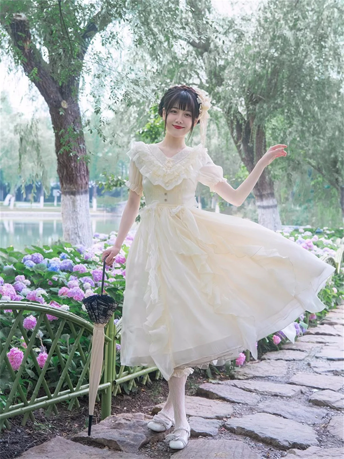 

Japanese Romantic Style Cosplay Lolita Girl Op Sweet Solid Ruffle Peter Pan Collar Puff Sleeve Ribbon Bowknot Elegant Dress