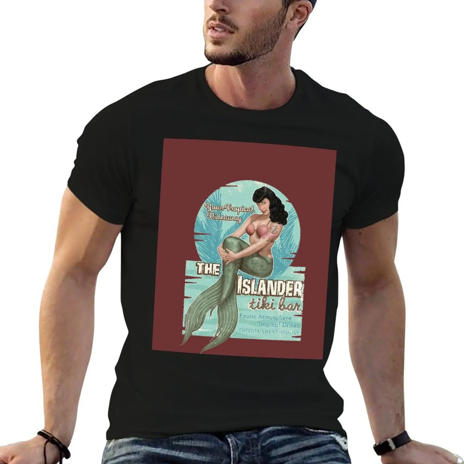 

The Islander Tiki Bar - Bettie Page Mermaid T-Shirt t shirt man plain cotton tshirt 100% cotton t shirts man 100% T-shirt