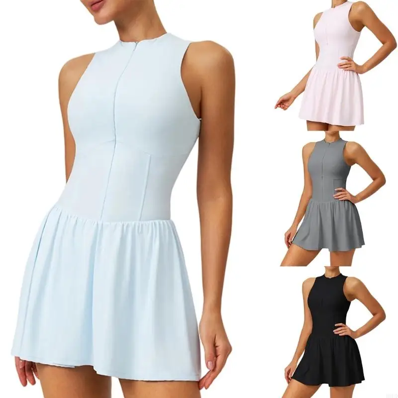 Dehnbares Trainingskleid für Damen. Sportliches A-Linien-Kleid mit Innenshorts und Taschen für Tennis, Fitness, Pilates, Laufen. – Detail 1