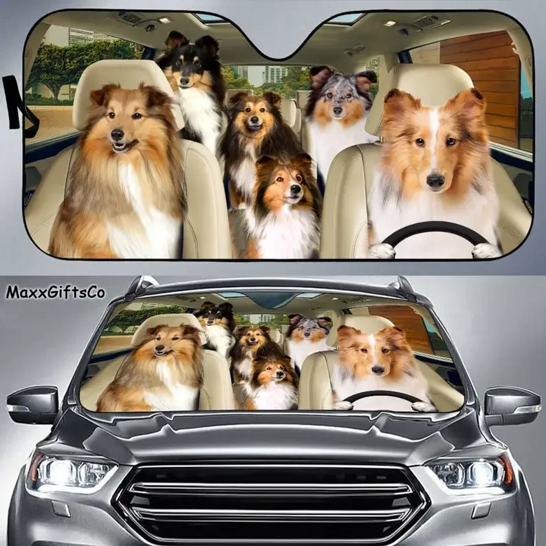 Shetland Sheepdog Car Sun Shade, Shetland Sheepdog Windshield, Dogs Family Sunshade, Dog Car Accessories, Car Decoration, Gift F