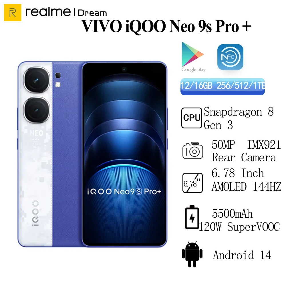 النسخة الصينية VIVO iQOO Neo 9S Pro Plus Snapdragon 8 Gen 3 6.78 بوصة 144 هرتز AMOLED 50MP IMX921 OIS