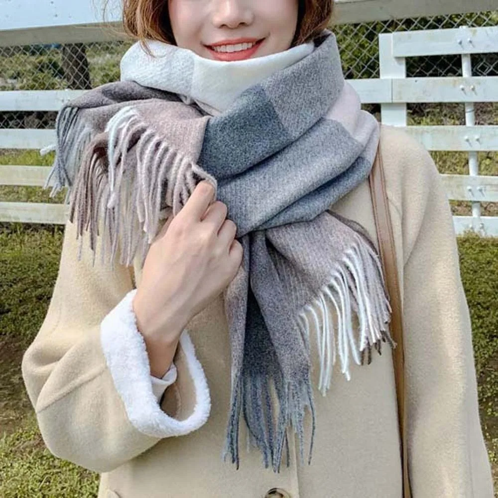 

Wool Classic Plaid Scarf Polyester Cold-proof Knitted Wool Scarf Korean Style Contrast Color Long Neckscarf with Tassel Autumn