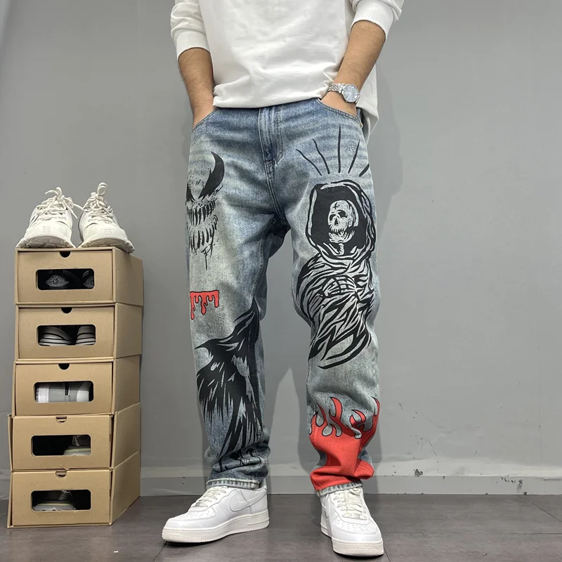 Printed Loose Straight Leg Jeans Men's Trendy Brand Washed Vintage Graffiti Spring Autumn Fashion Long Trousers