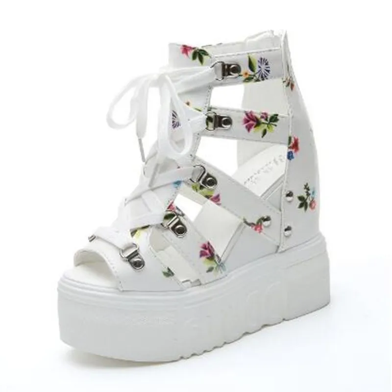 Hot Print Leisure Wedges Women Shoes NEW Summer Women Peep Toe Sandals Platform Shoelaces High Heels Casual Shoes Woman Sandals