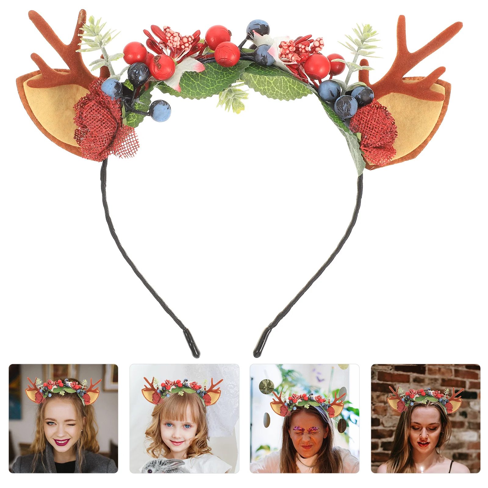 

Christmas Reindeer Antler Headband with Fake Berries Lightweight Comfortable Xmas Party Costume Hair Accessory for Women