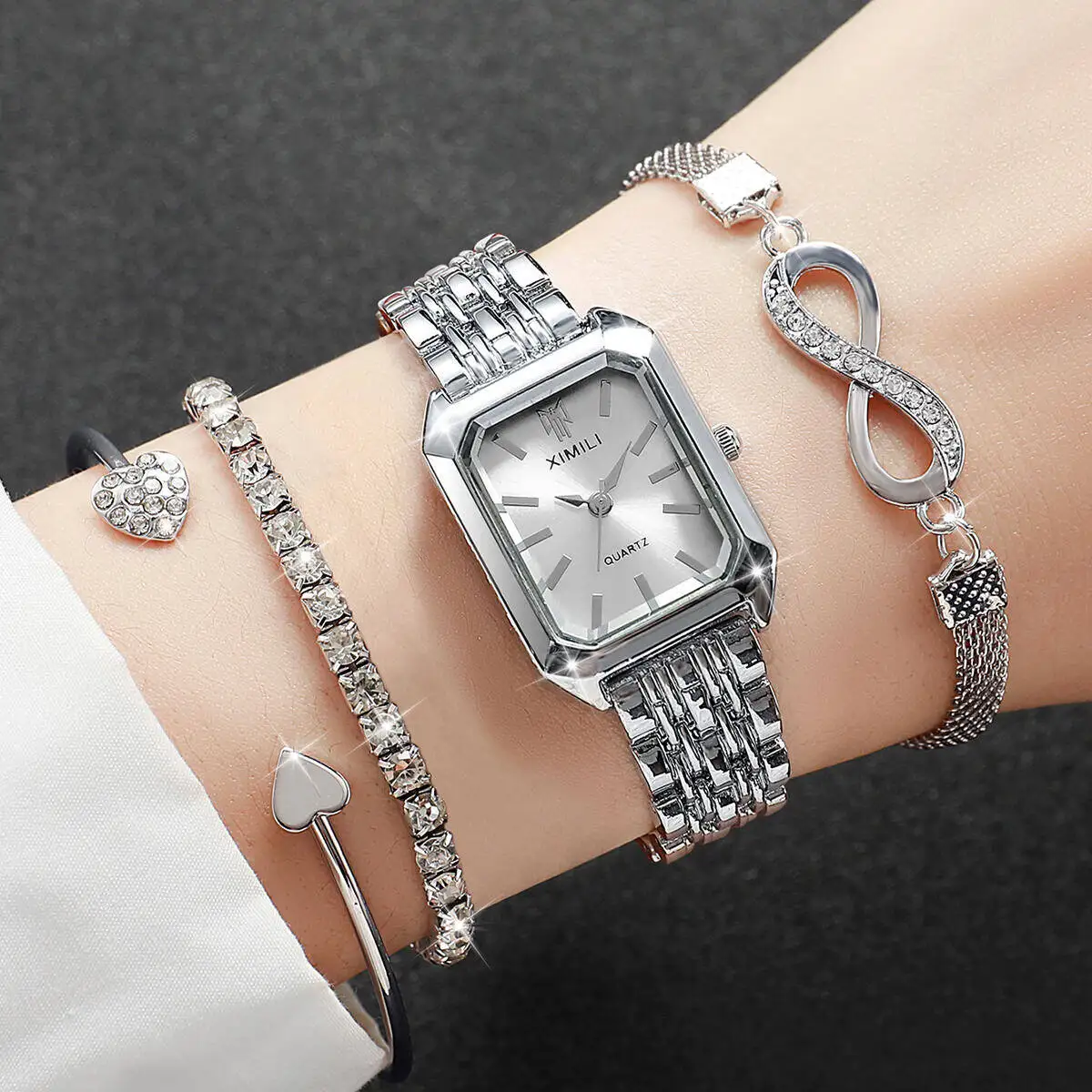 4 pezzi moda rettangolo orologi da donna cinturino in acciaio inossidabile di lusso orologio al quarzo da donna bracciali con strass set Relogio Feminino