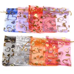 25pcs/lot Jewelry Bag Organza Colorful Hot Gold Color Heart Print Gifts Pouches Wedding Christmas Party Candy Jewelry Packing