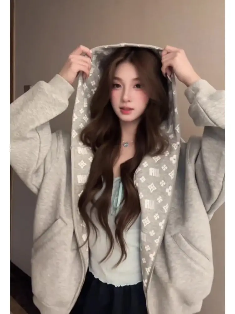 Lazy Wind Gray Hooded Sweater Jacket Women's Autumn and Winter Loose Sense of Leisure Short Section Zipper Loose Cardigan