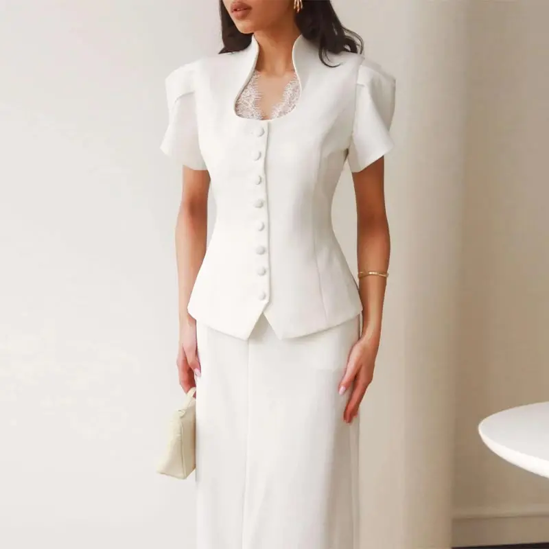 Elegant Fitted Shirts Women V Neck Lace Patchwork Single Breasted Puffy Short Sleeves Solid Blouse Female 2026 Spring New Tops