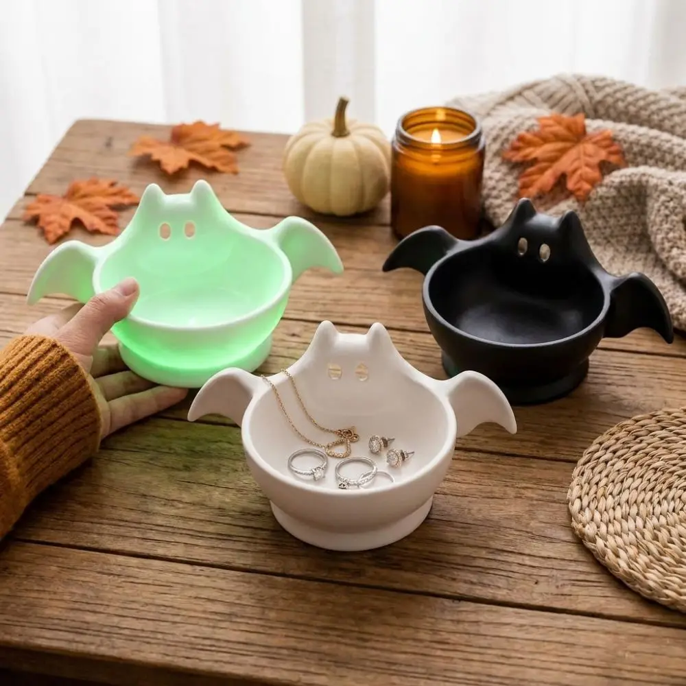 3D Printed Halloween Bat Shaped Storage Bowl Luminous Gothic Ghost Bat Desktop Decor Tray Cute Dark Style Jewelry Junk Display