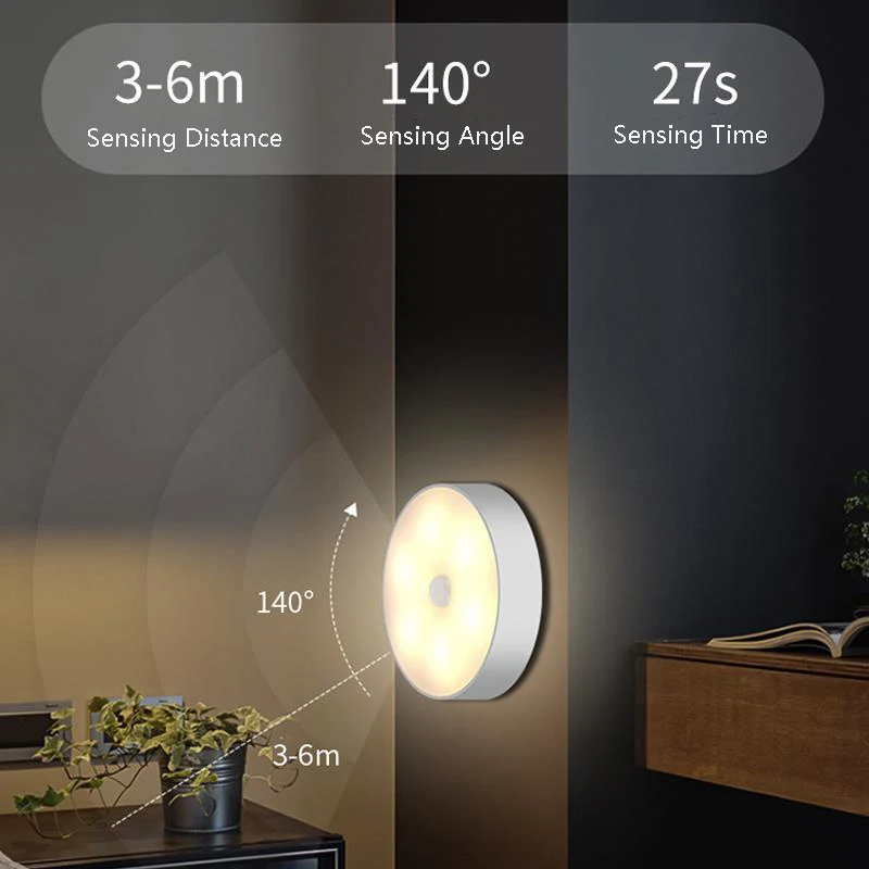 Intelligent LED Cabinet Light Human Body Induction Rechargeable Round LED Night Light With Switch White/Warm Light Bedside Lamp