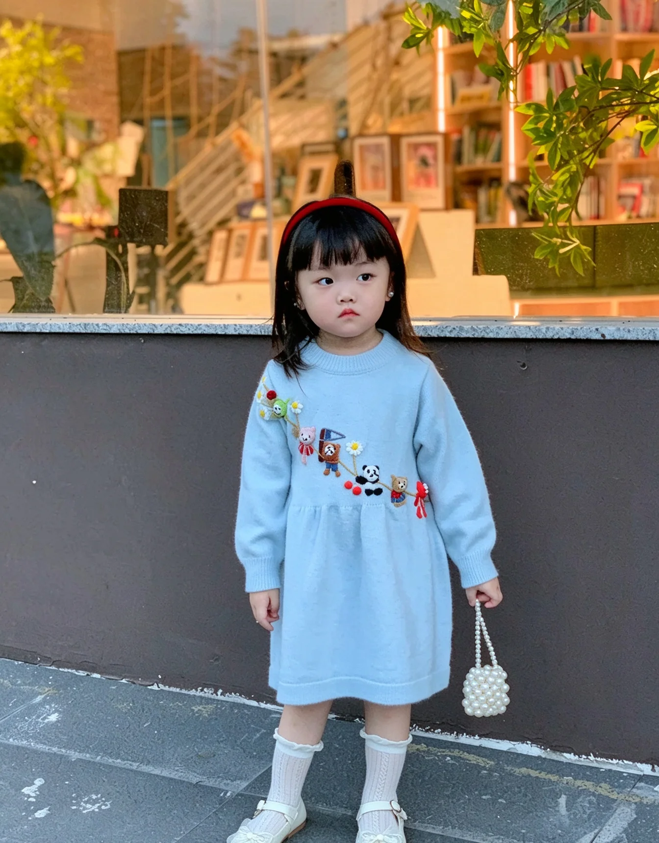 Heavy Craft Toddler Girls Knit Dress, Hand Embroidery Bear Long Sleeve Sweater Dress, Autumn Winter New Year Outfit Kids Dress