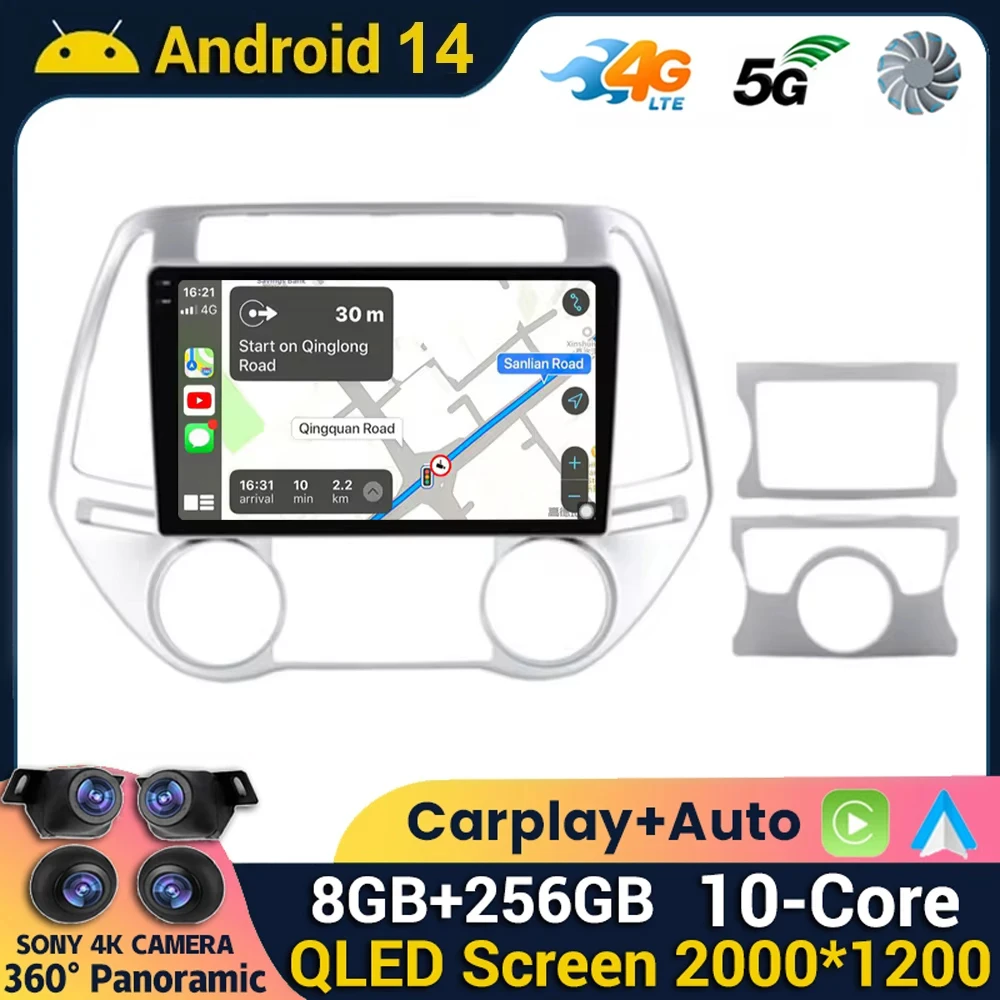 Android 14 Carplay Auto Car Radio For Hyundai i20 2008 2009 2010 2011 2012 2013 2014 Stereo Navi GPS Multimedia Player WIFI+4G