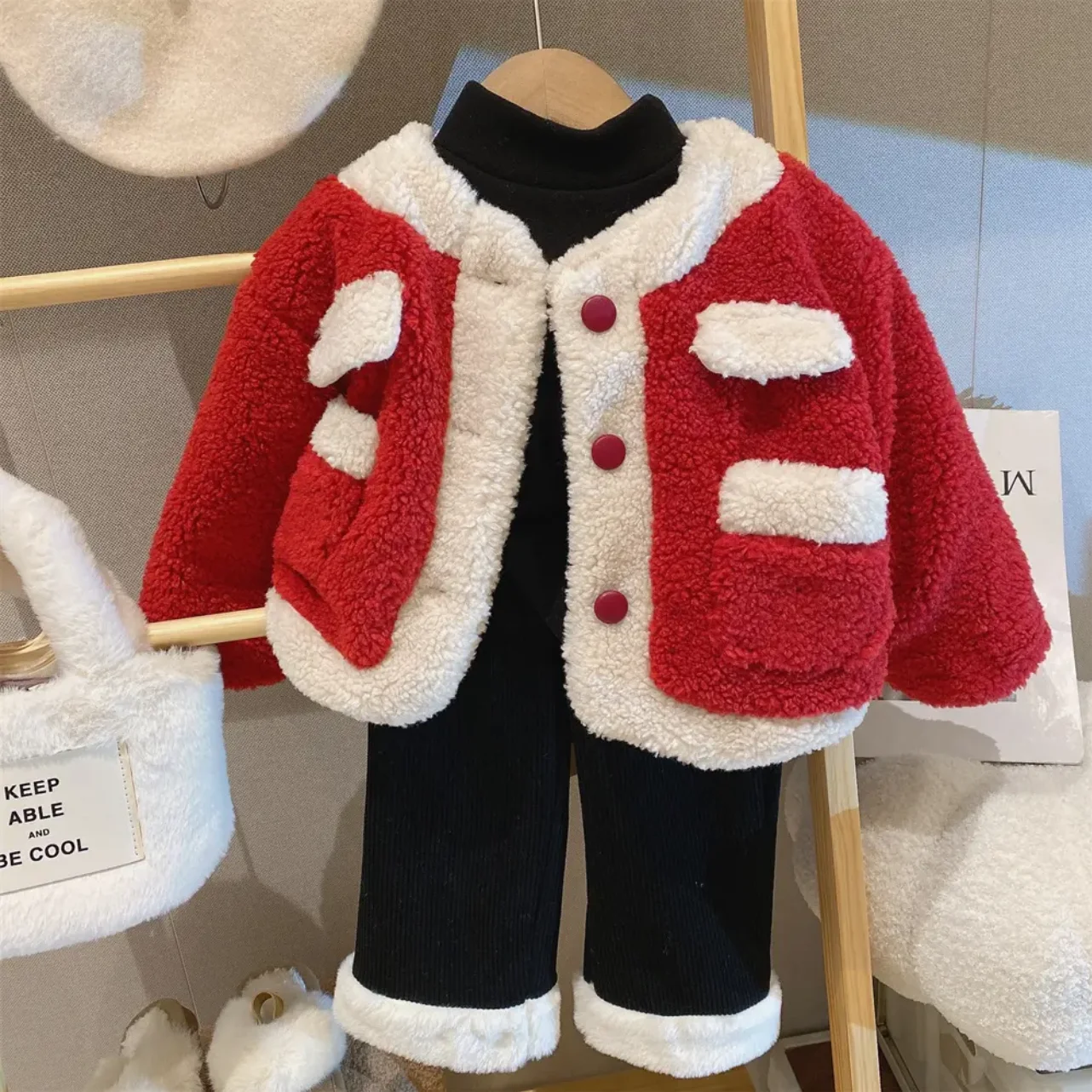 Christmas Red Girls' Coat 2023 New Winter Baby Plush Thickened Round Neck Single Breasted Warm Jacket Lively Cute Outwear Trend