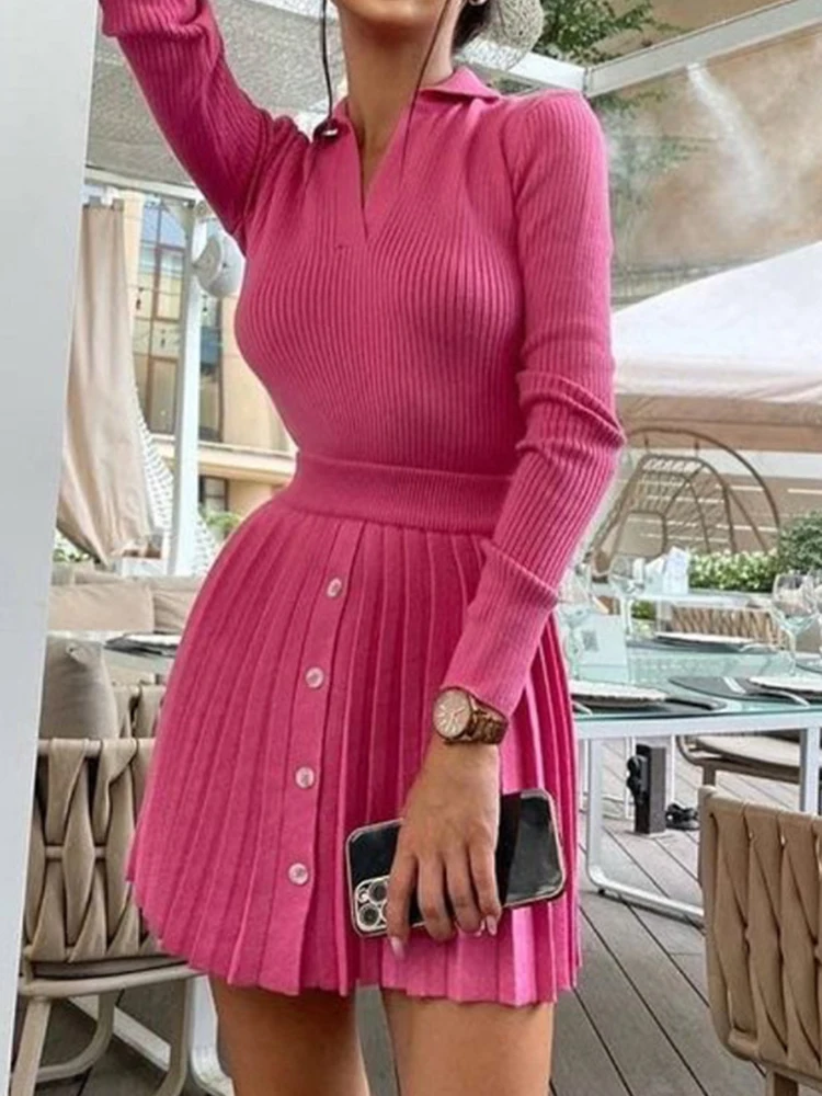 Knitted Two Piece Sets Women Outfits Pleated Short Skirt Casual Polo Long Sleeve Pullover Set Winter Elegant Fashion Solid Suits