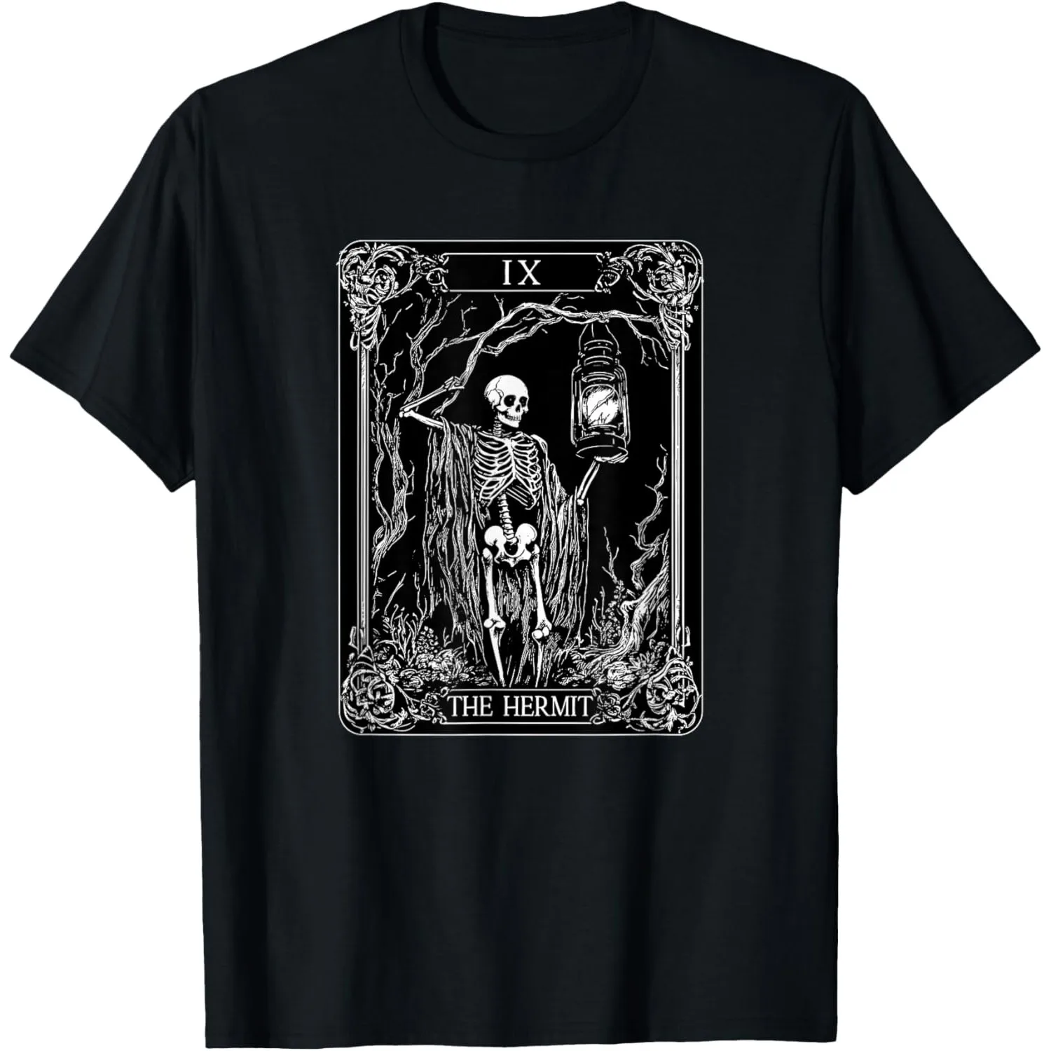 Skeleton The Hermit Tarot Card Vintage Gothic Halloween Graphic Tee for Men