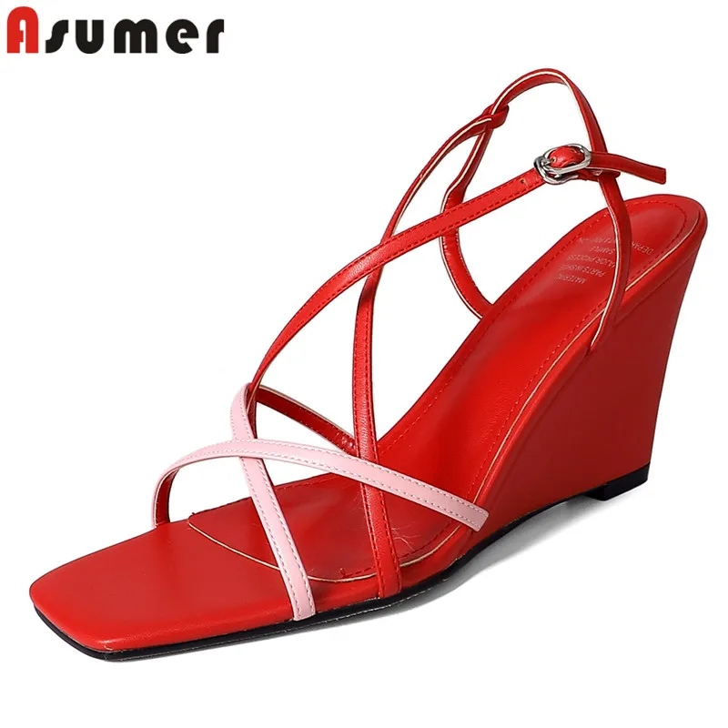 

ASUMER 2024 New Genuine Leather Shoes Women Sandals Wedges High Heels Summer Party Dress Shoes Ladies Red Black Size 34-40