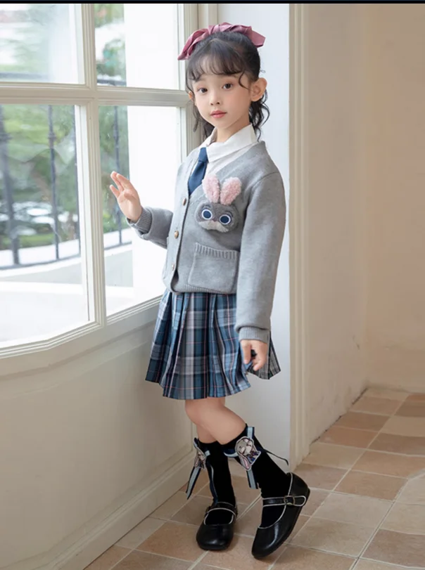 Spring and Autumn Cardigan Lined Dress Three Piece Set of Western Girls' School Uniform