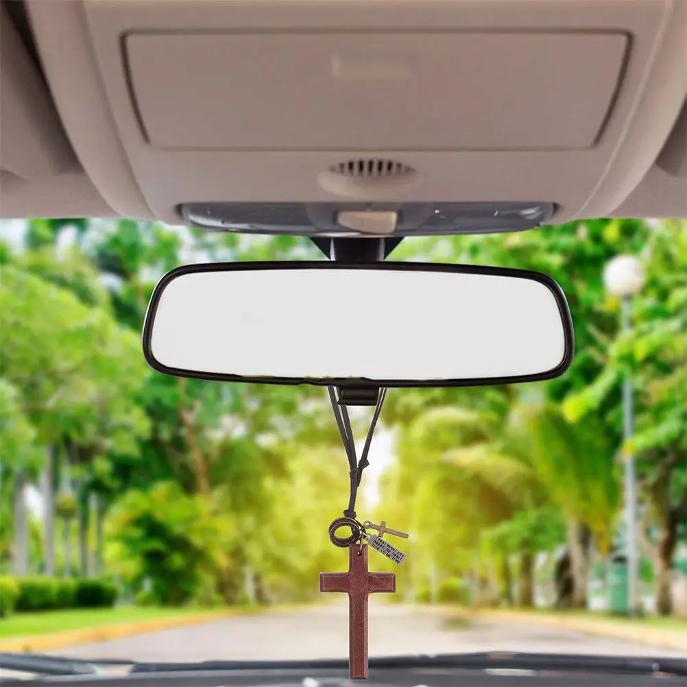 

3Pcs Wooden Cross Pendant Vintage Car Hanging Cross Ornament Rearview Mirror Charm Religious Car Interior Accessories