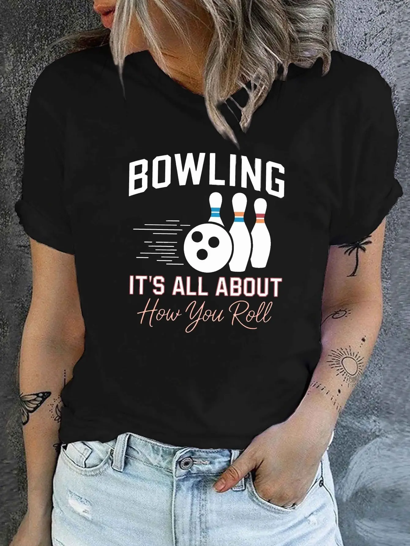 Ball BOWLING IT S ALL ABOUT Print T-Shirt, Short Sleeve Crew Neck Casual Top for Summer & Spring, Women'S Clothing