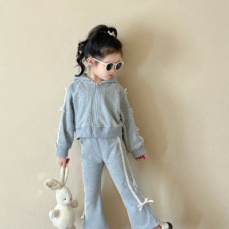 Girl Two Piece Set 2024 Autumn New Western Style Bow Hooded Zip Up Shirt Bell Bottom Pants Sweet Cute Kids