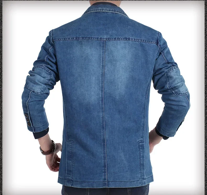 Autumn Winter Men's Denim Suit Cotton Slim Blazer Jacket Long Sleeve Single Breasted Button Pockets