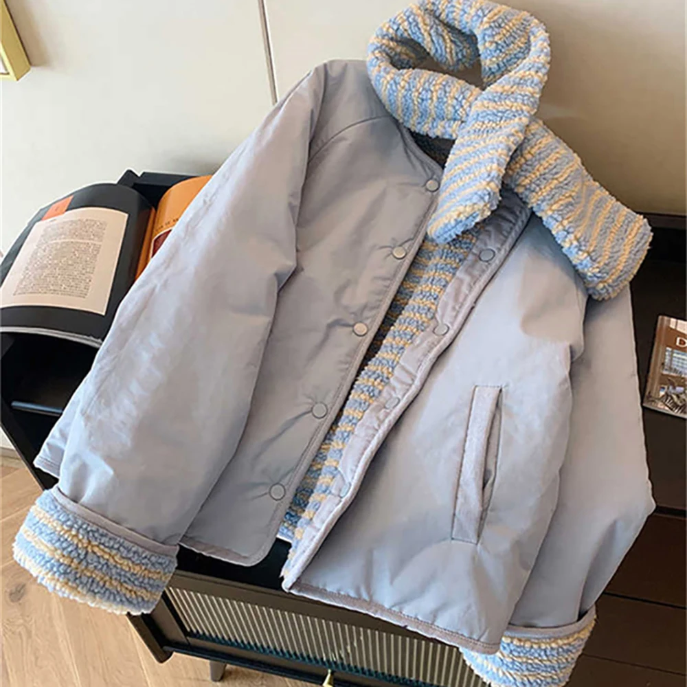 

Женские двухсторонние хлопковые пальто, осенне-зимние однобортные куртки в полоску с круглым вырезом, повседневная универсальная свободная верхняя одежда