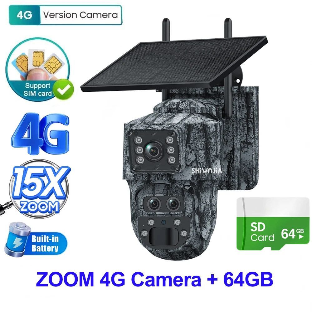SHIWOJIA 6K 12MP 4G zonne-beveiligingscamera 60X ZOOM buiten 360 °   Bekijk Animal Monitoring Solar Battery Security Surveillan Video