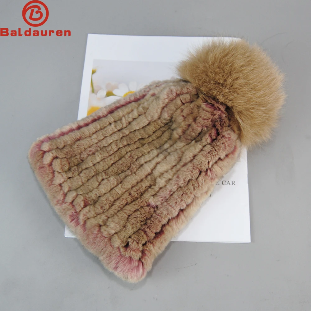 2024 Knitted Rex Rabbit Fur Beanies Hats Women Real Rex Rabbit Fur Hat Quality 100% Real Genuine Rex Rabbit Fur Fox Fur Ball Cap