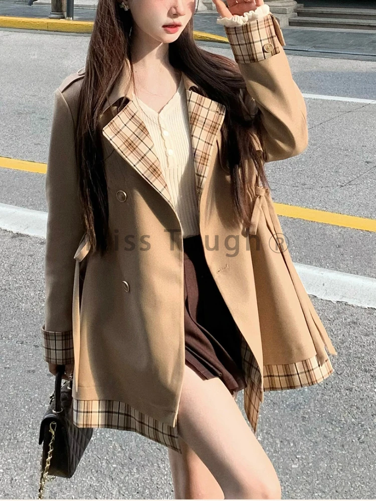 Autumn Chic Patchwork Vinatge Overcoat Women New Design Aesthetic Plaid Retro Coat Slimming Sexy Office Lady Trench Coat 2024